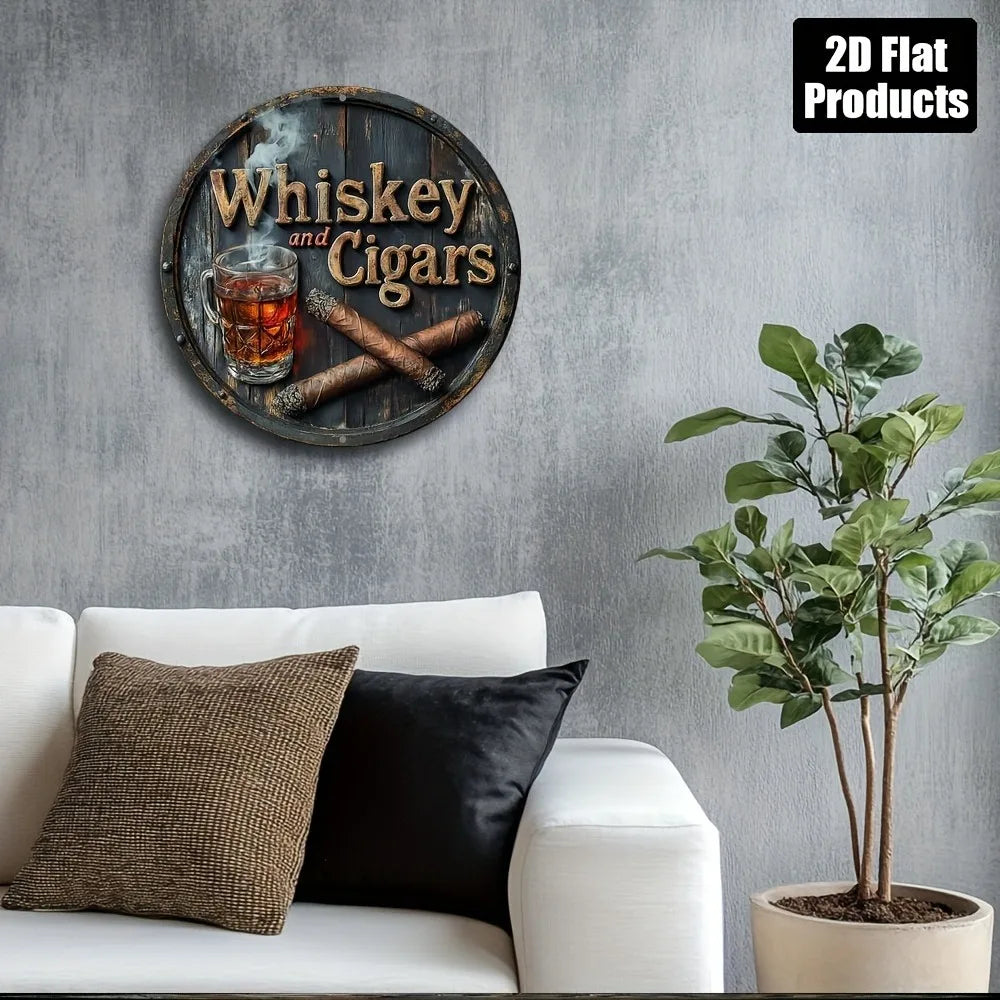 1pc 2D Flat Whiskey &  Round Aluminum Sign, 8x8 Inch - Bar/Kitchen Decorative Plaque