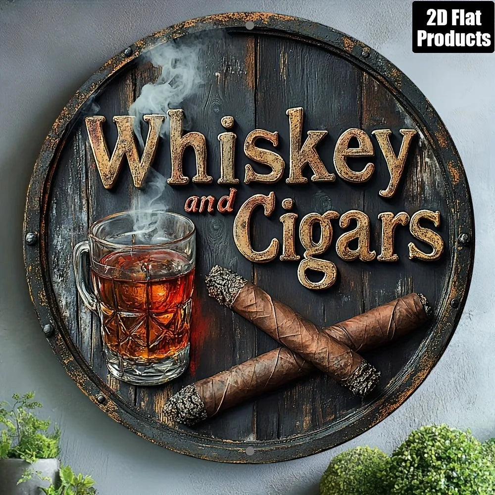 1pc 2D Flat Whiskey &  Round Aluminum Sign, 8x8 Inch - Bar/Kitchen Decorative Plaque