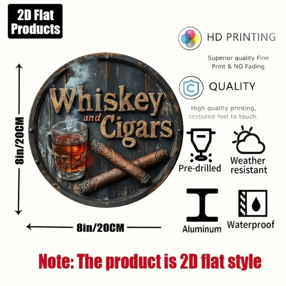 1pc 2D Flat Whiskey &  Round Aluminum Sign, 8x8 Inch - Bar/Kitchen Decorative Plaque