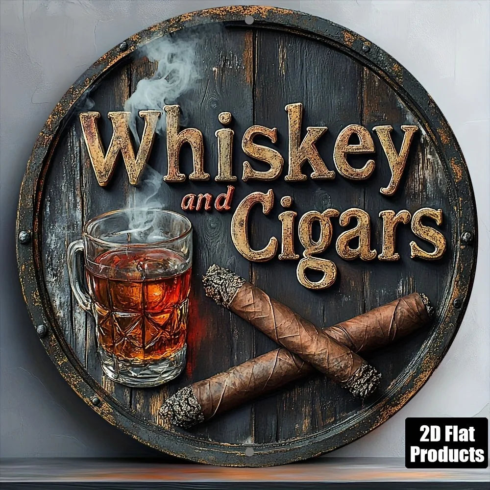 1pc 2D Flat Whiskey &  Round Aluminum Sign, 8x8 Inch - Bar/Kitchen Decorative Plaque